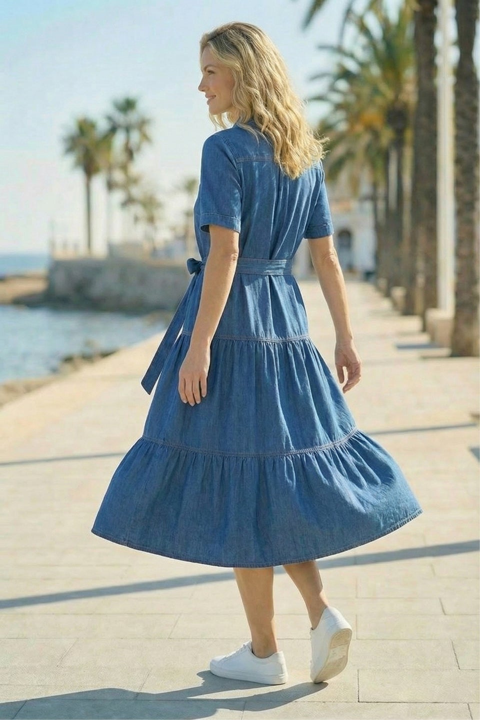 Roman Denim Button Detail Tiered Midi Dress