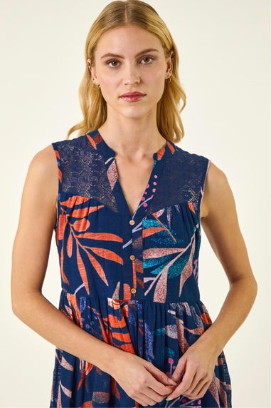 Roman Navy Leaf Print V-Neck Tiered Dress