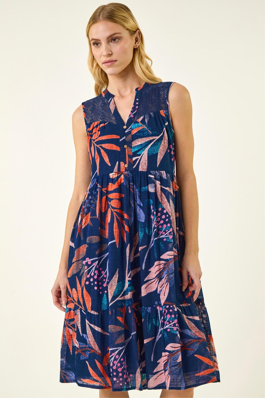 Roman Navy Leaf Print V-Neck Tiered Dress