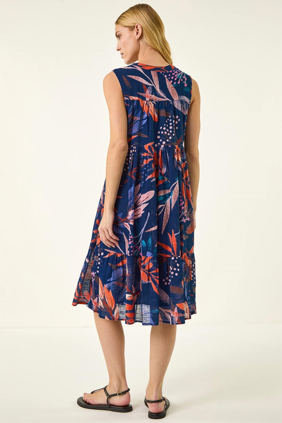 Roman Navy Leaf Print V-Neck Tiered Dress
