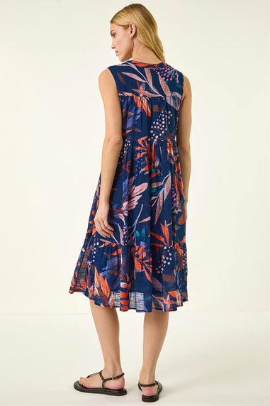 Roman Navy Leaf Print V-Neck Tiered Dress