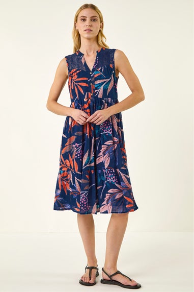 Roman Navy Leaf Print V-Neck Tiered Dress