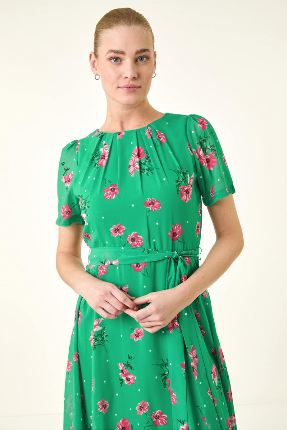 Roman Green Floral Chiffon Pleated Dress