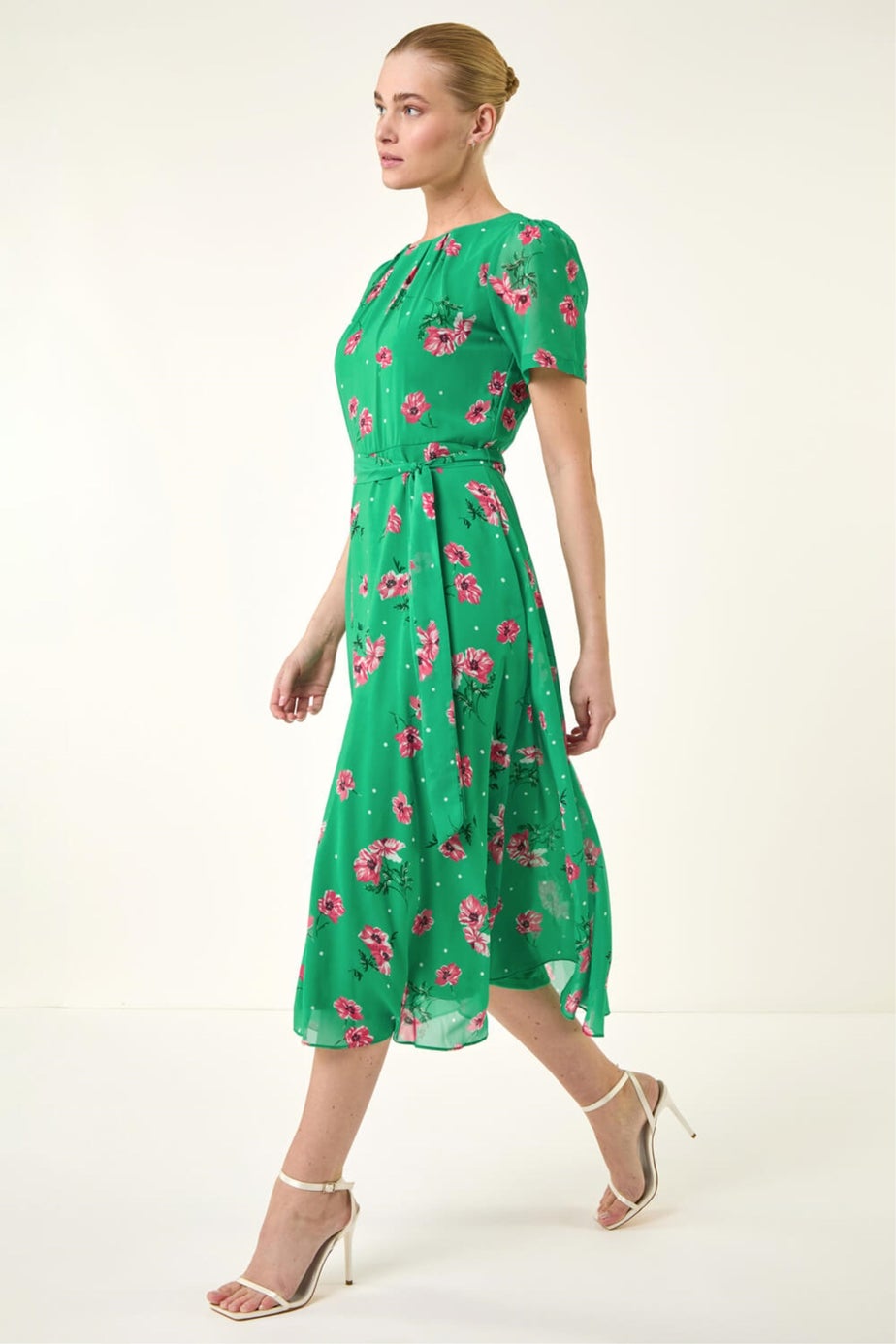 Roman Green Floral Chiffon Pleated Dress