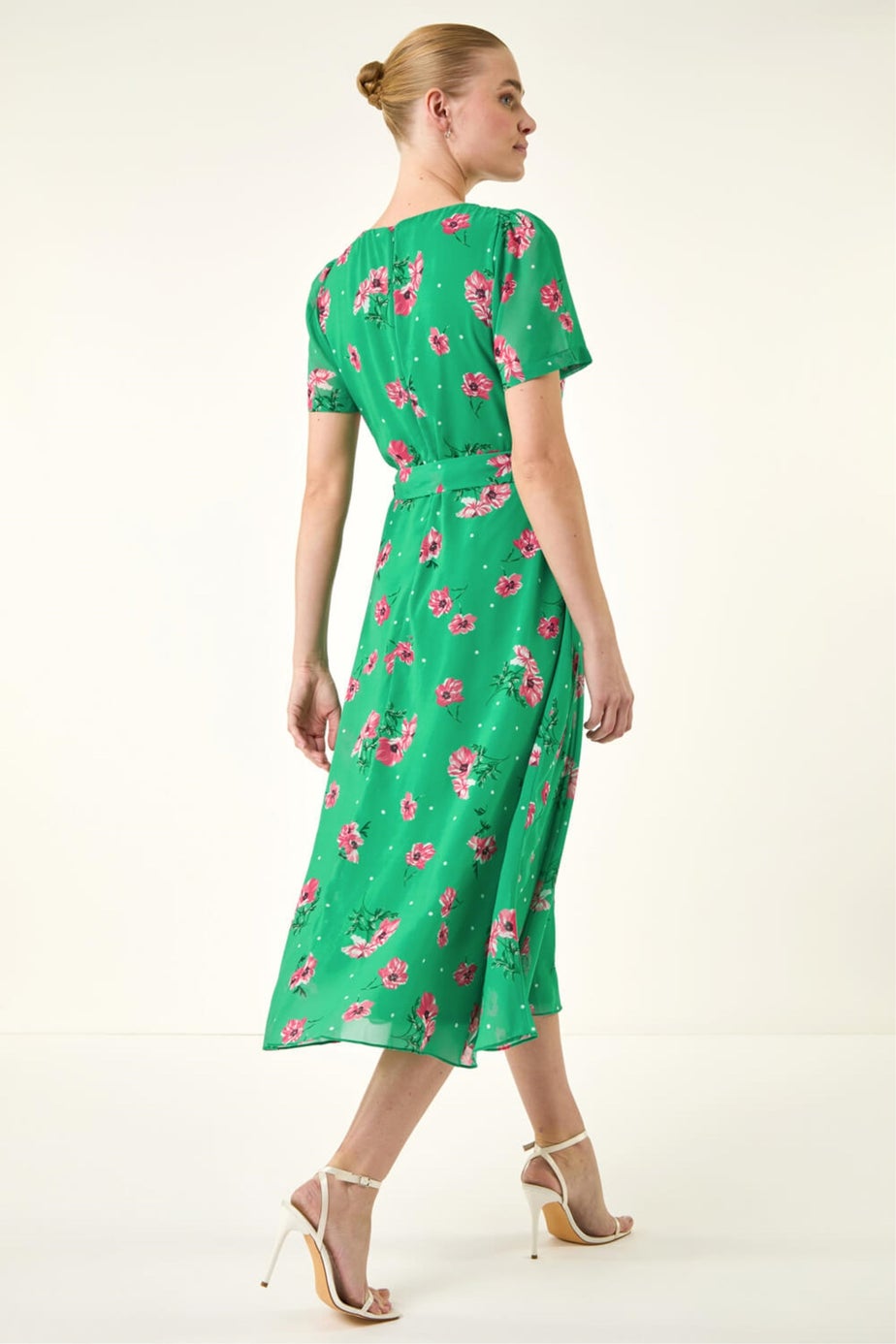 Roman Green Floral Chiffon Pleated Dress