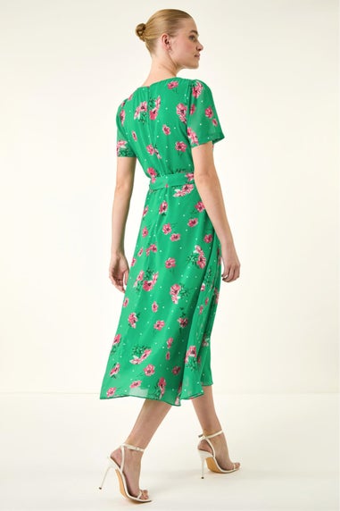 Roman Green Floral Chiffon Pleated Dress