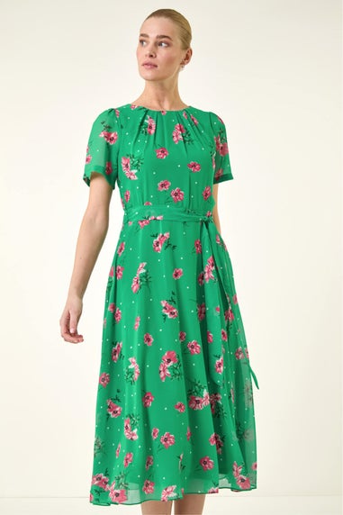 Roman Green Floral Chiffon Pleated Dress