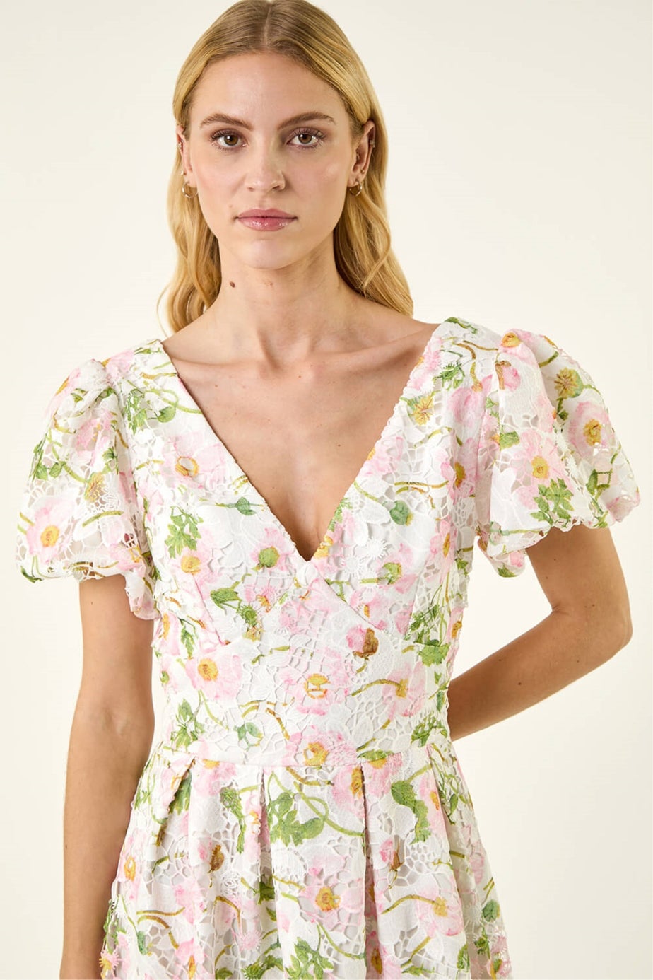 Roman Ivory Floral Crochet Lace Midi Dress