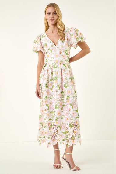 Roman Ivory Floral Crochet Lace Midi Dress