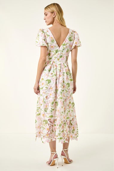 Roman Ivory Floral Crochet Lace Midi Dress