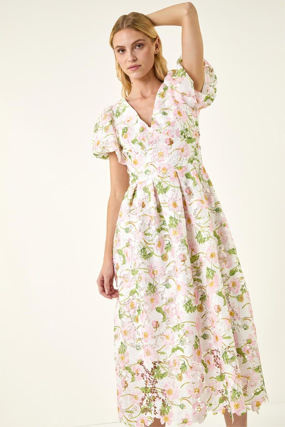 Roman Ivory Floral Crochet Lace Midi Dress