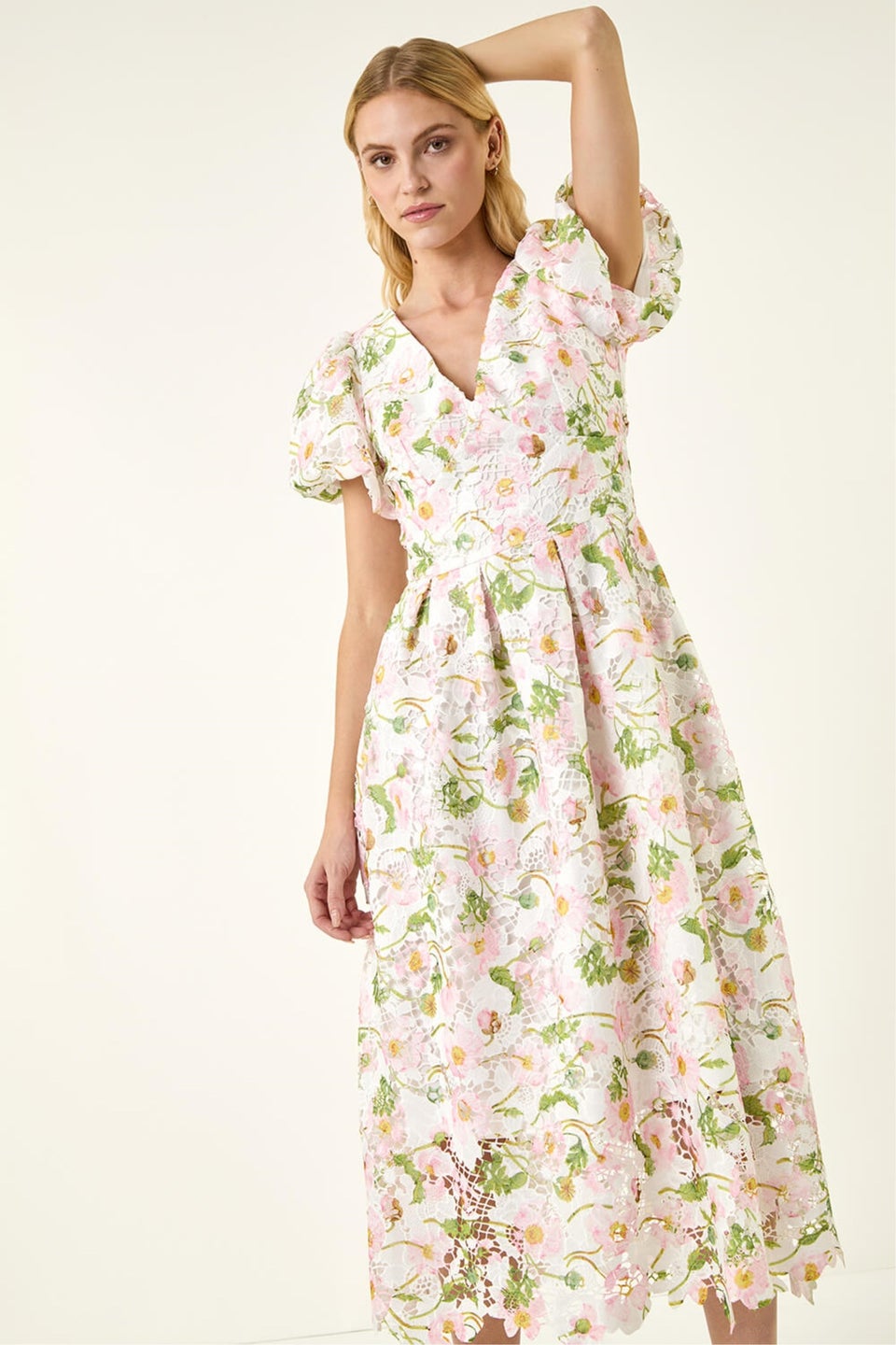 Roman Ivory Floral Crochet Lace Midi Dress