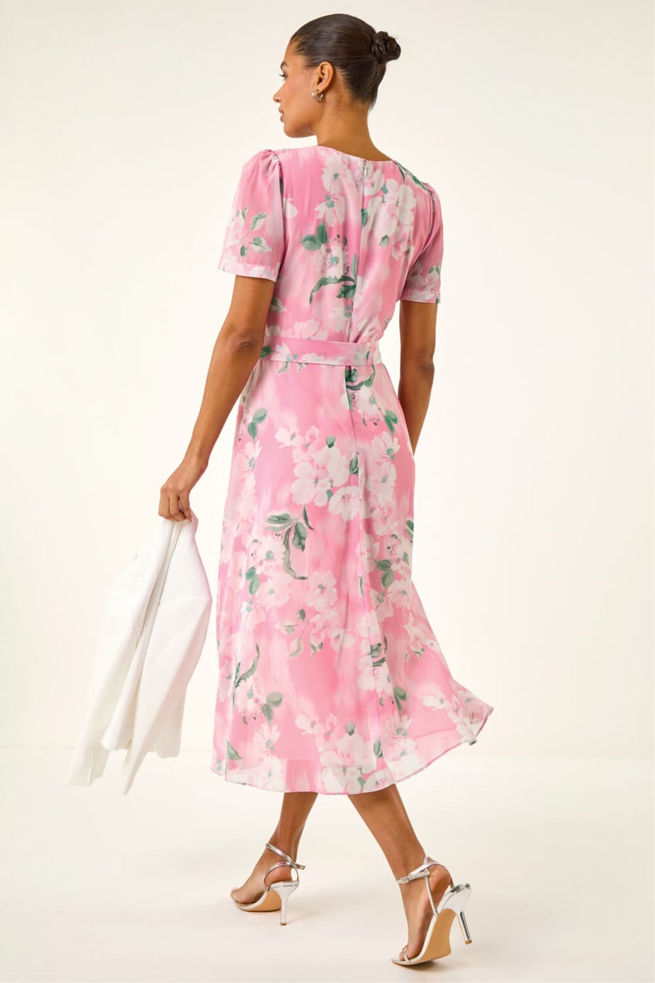 Roman Pink Floral Print Pleat Neck Midi Dress