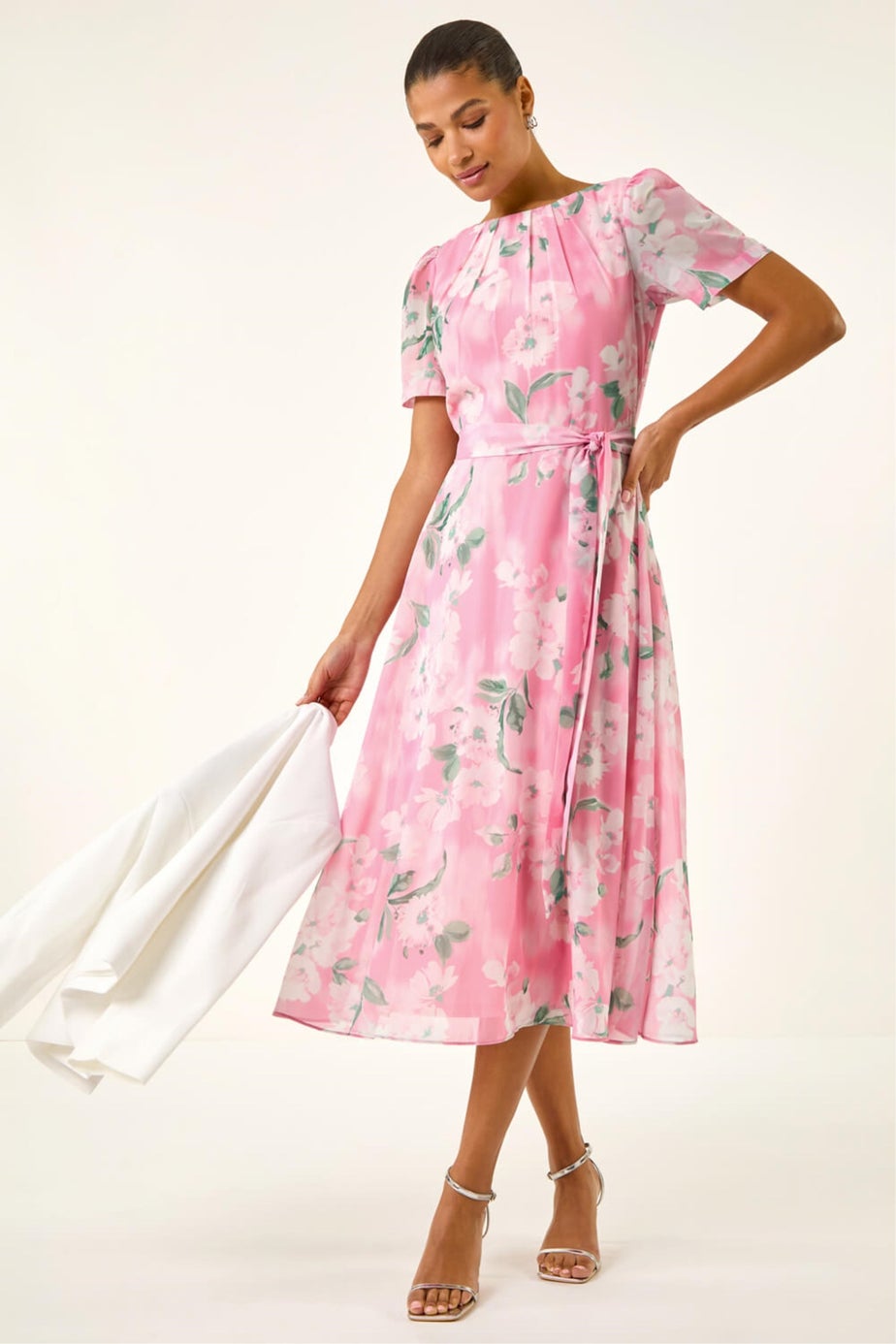 Roman Pink Floral Print Pleat Neck Midi Dress