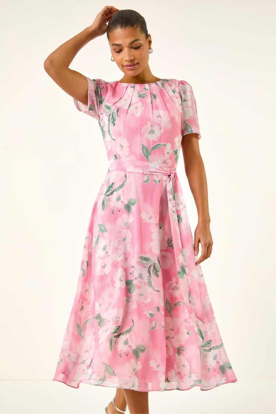 Roman Pink Floral Print Pleat Neck Midi Dress
