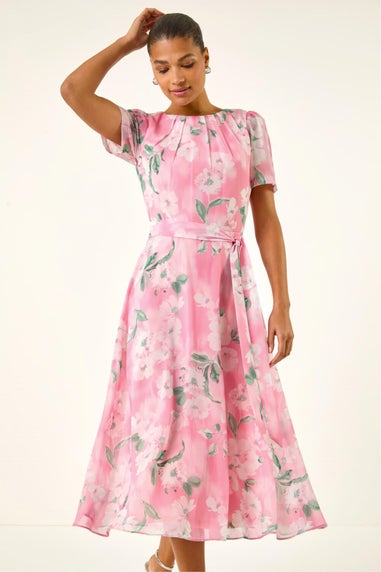 Roman Pink Floral Print Pleat Neck Midi Dress