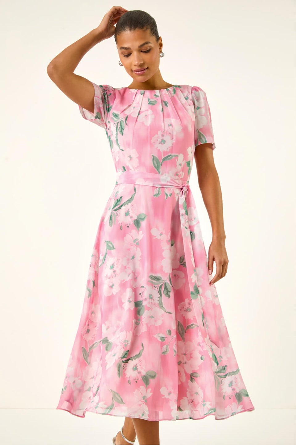 Roman Pink Floral Print Pleat Neck Midi Dress