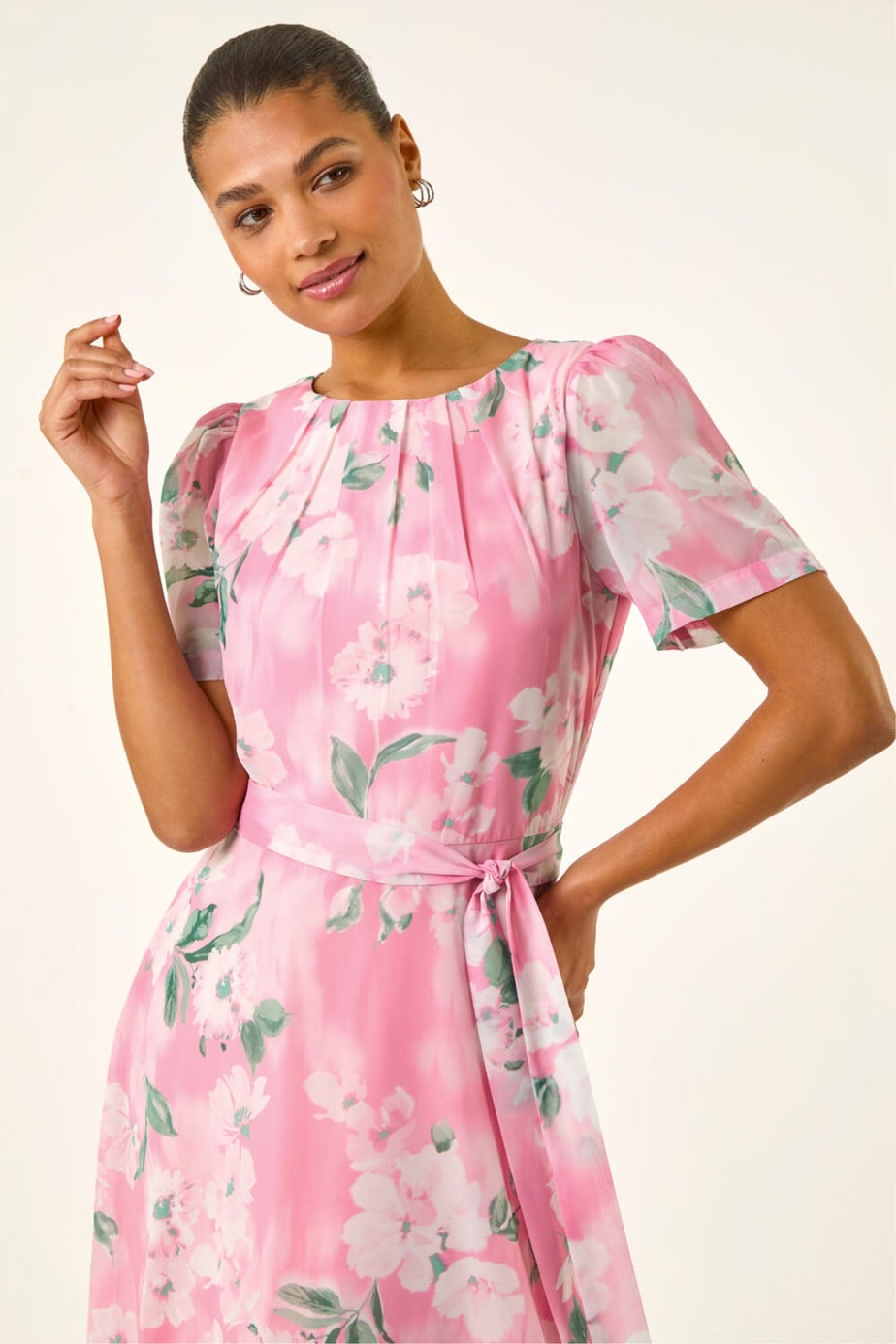 Roman Pink Floral Print Pleat Neck Midi Dress