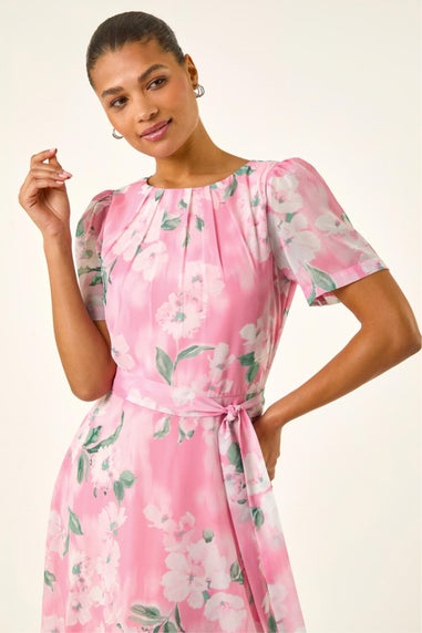Roman Pink Floral Print Pleat Neck Midi Dress