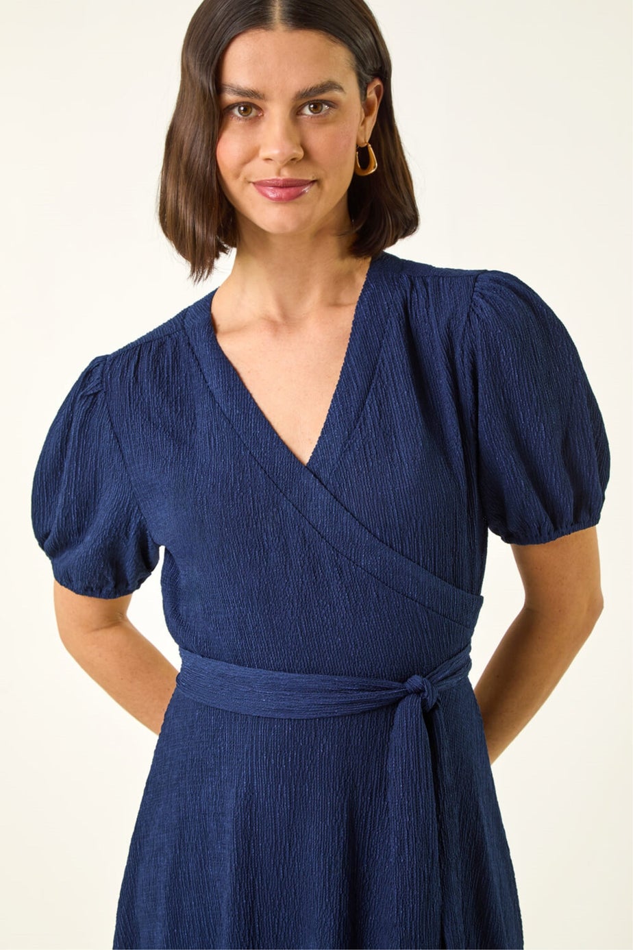 Roman Navy Wrap Bodice Belted Midi Dress