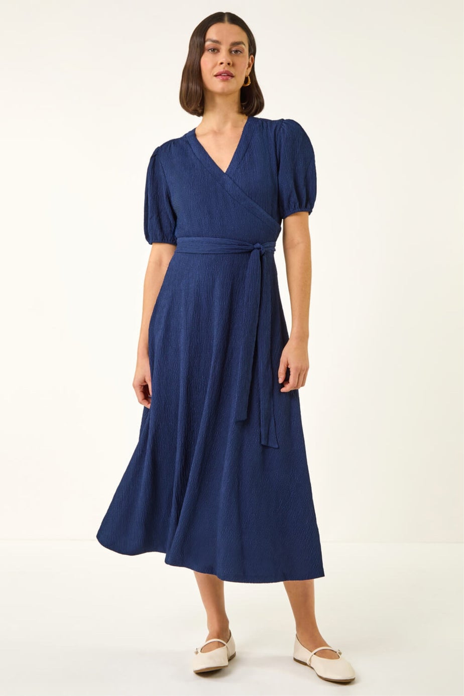 Roman Navy Wrap Bodice Belted Midi Dress