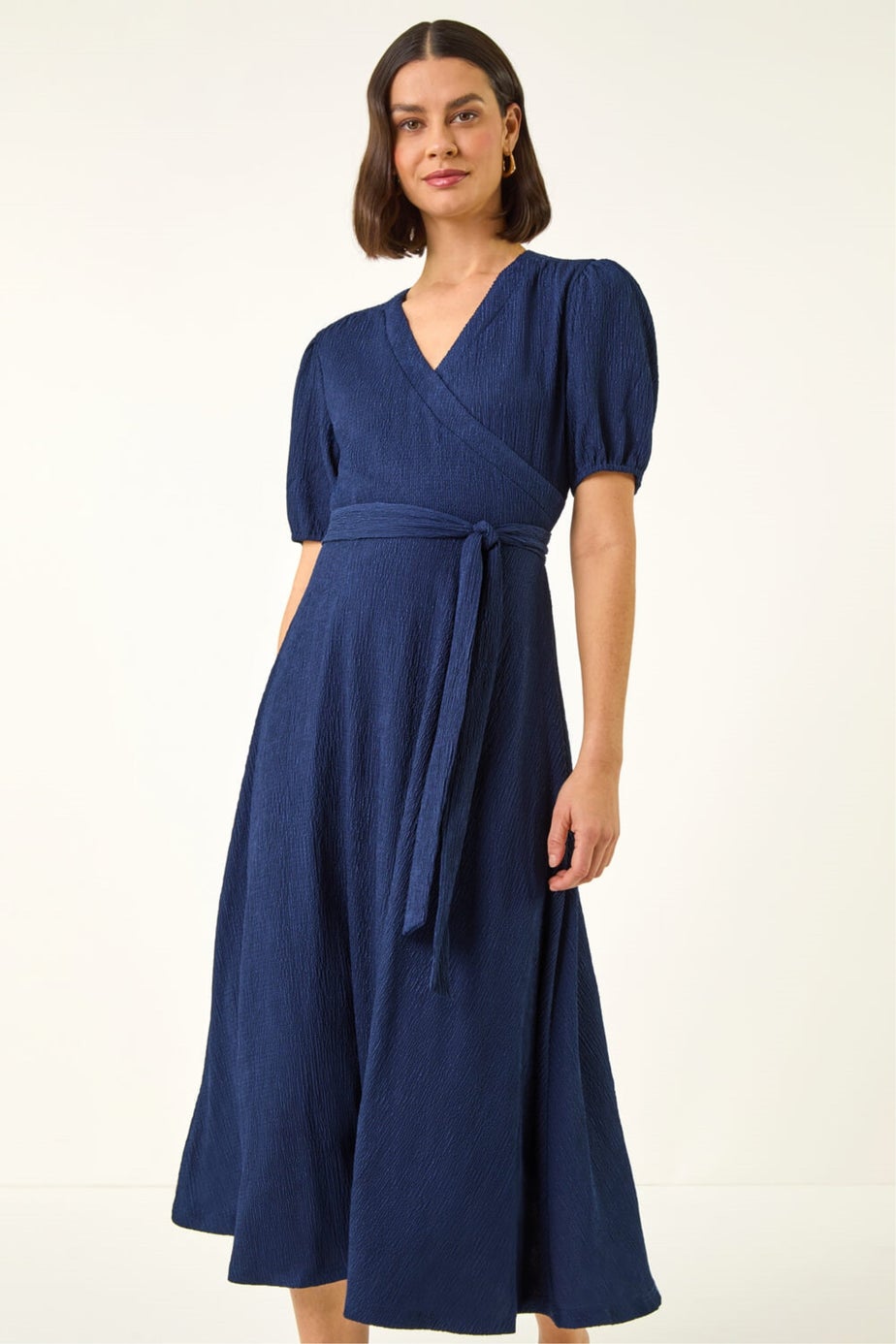 Roman Navy Wrap Bodice Belted Midi Dress