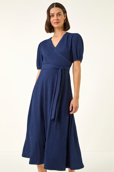 Roman Navy Wrap Bodice Belted Midi Dress