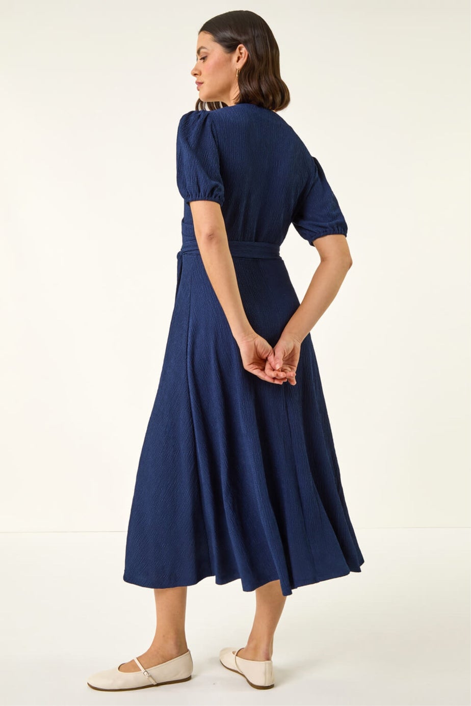 Roman Navy Wrap Bodice Belted Midi Dress