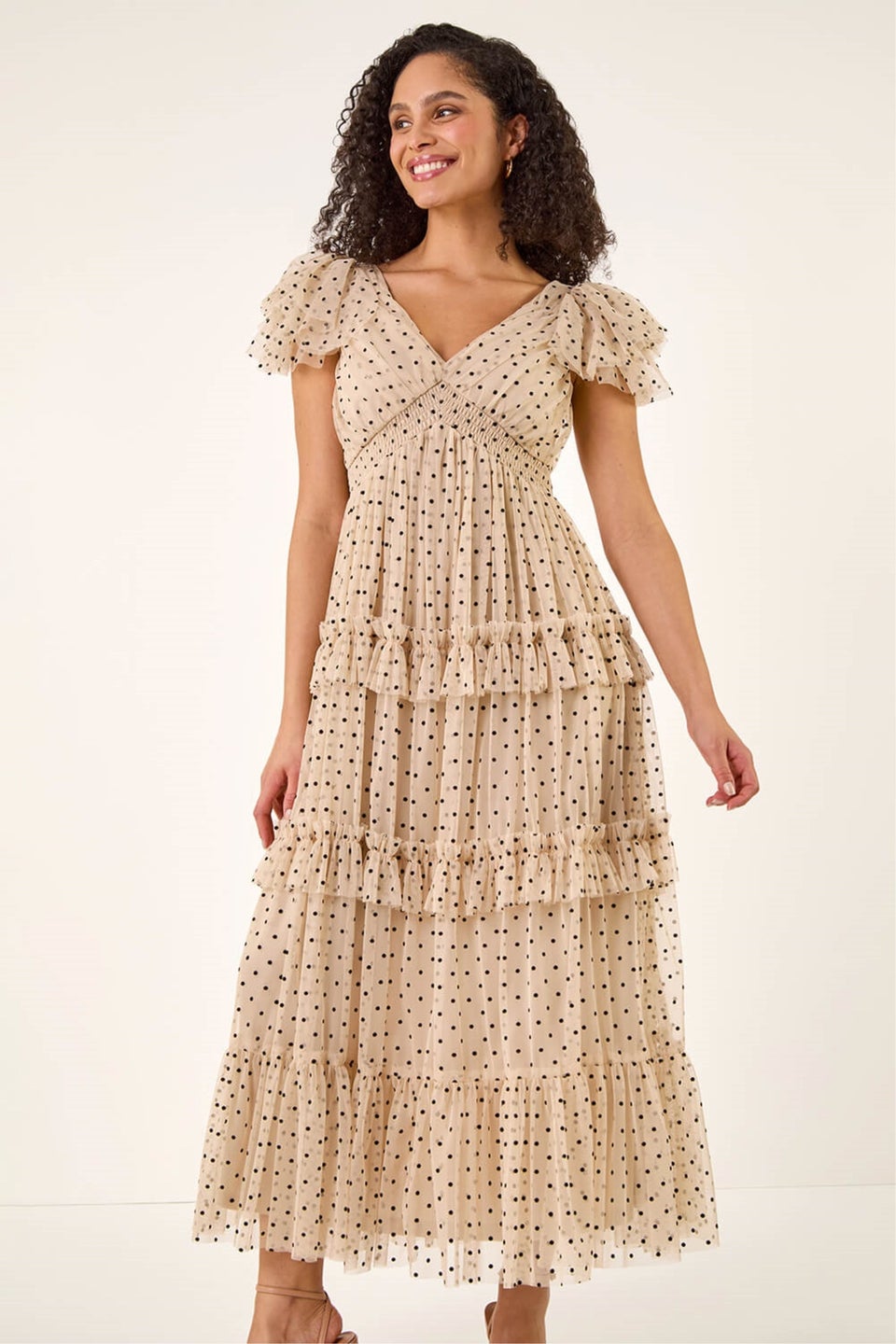 Roman Ivory Polka Dot Frill Mesh Maxi Dress