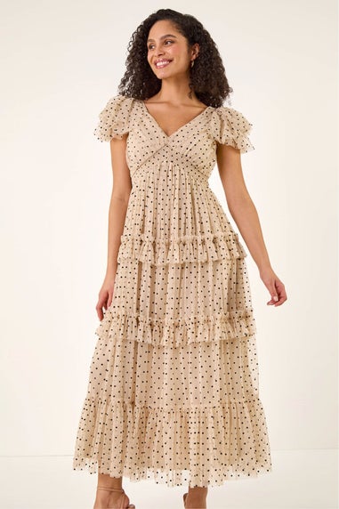 Roman Ivory Polka Dot Frill Mesh Maxi Dress