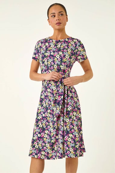 Roman Navy Petite Floral Side Tie Midi Dress