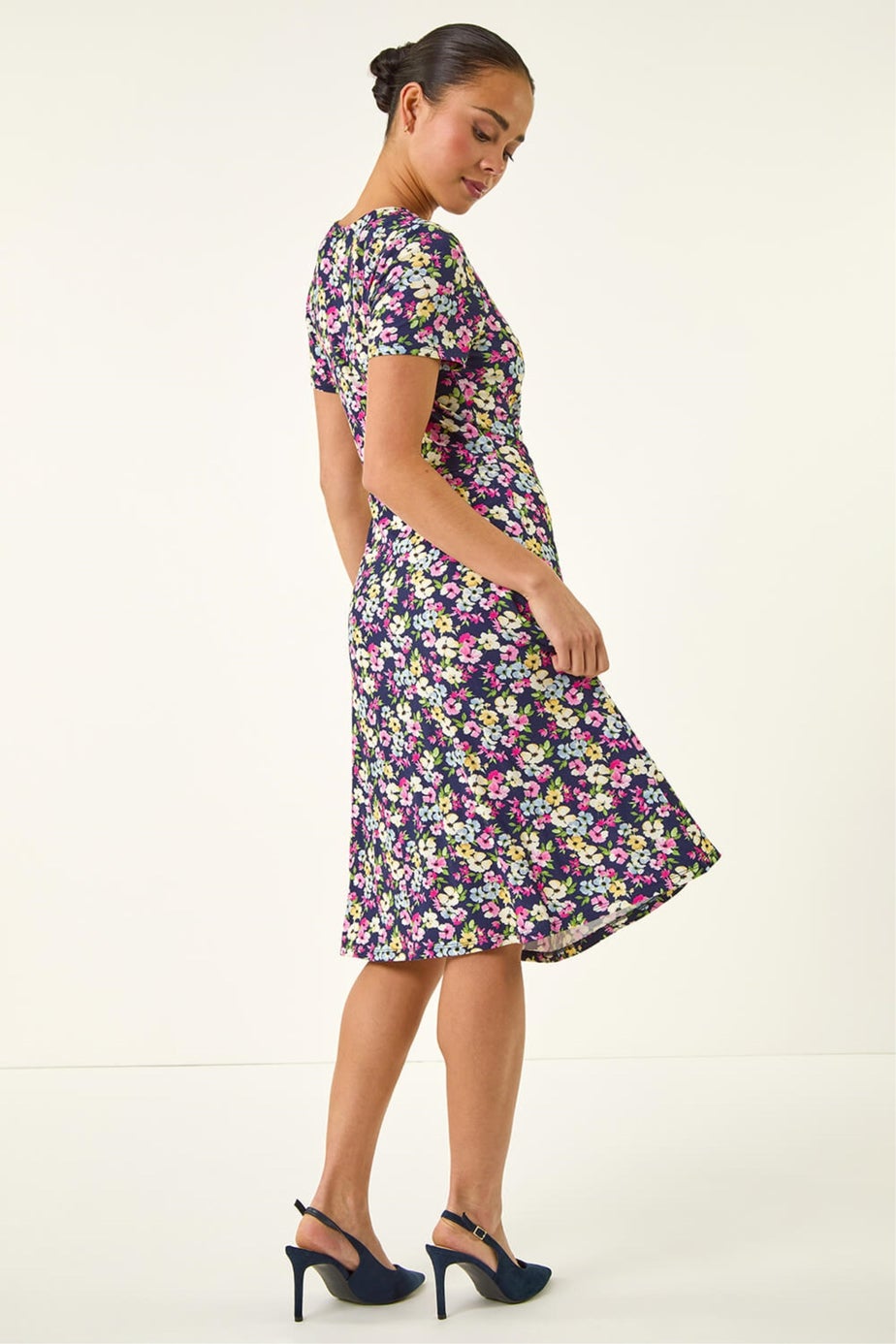 Roman Navy Petite Floral Side Tie Midi Dress
