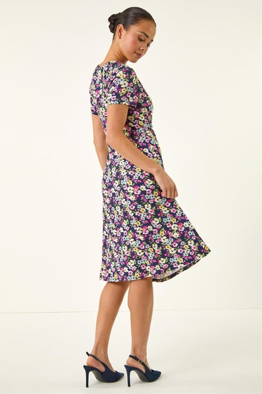 Roman Navy Petite Floral Side Tie Midi Dress