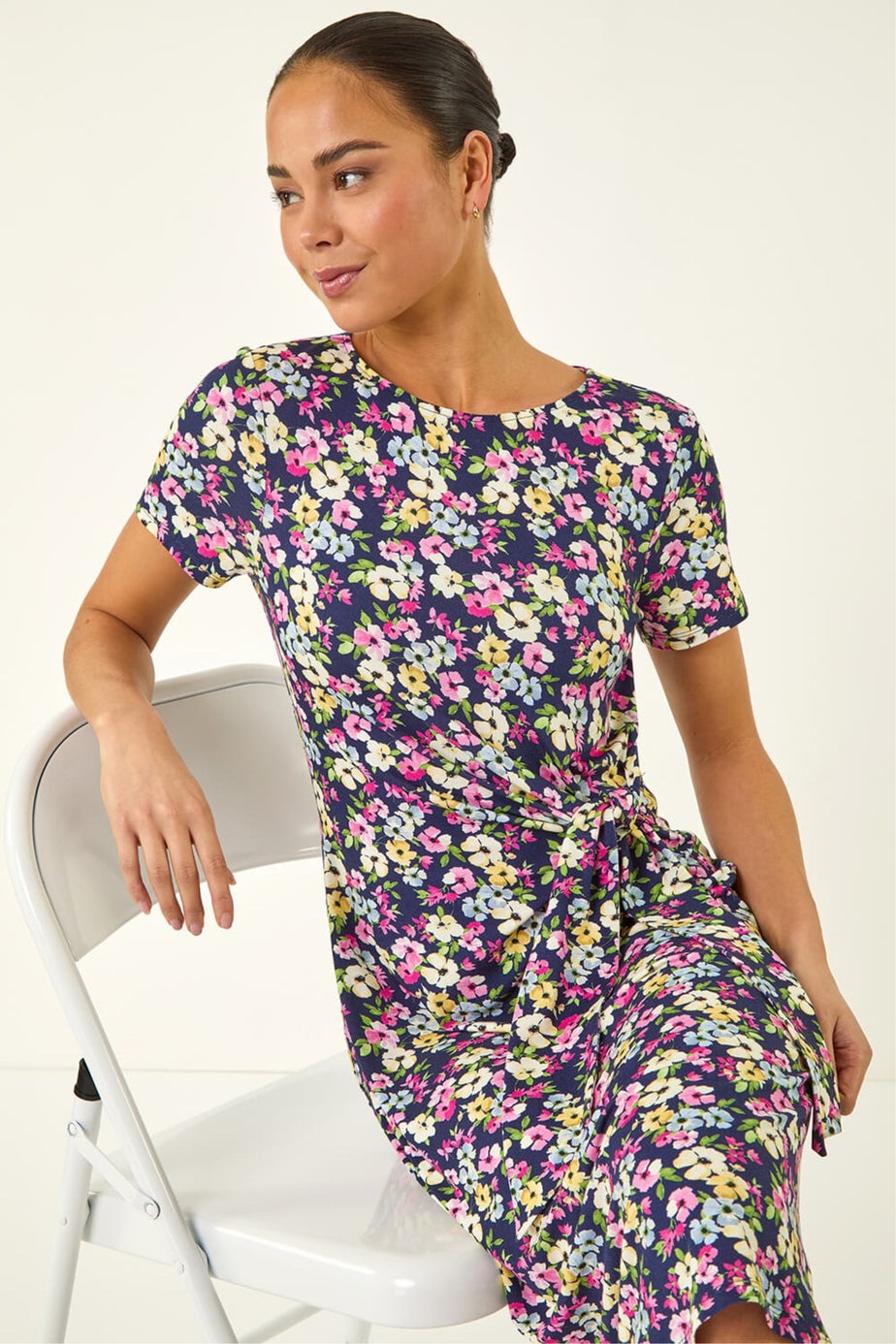 Roman Navy Petite Floral Side Tie Midi Dress