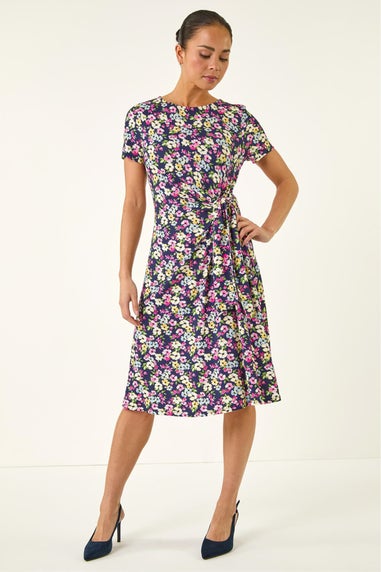 Roman Navy Petite Floral Side Tie Midi Dress