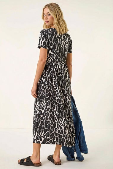 Roman Black Animal Print Stretch Midi Dress