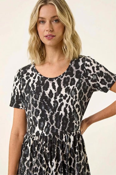 Roman Black Animal Print Stretch Midi Dress