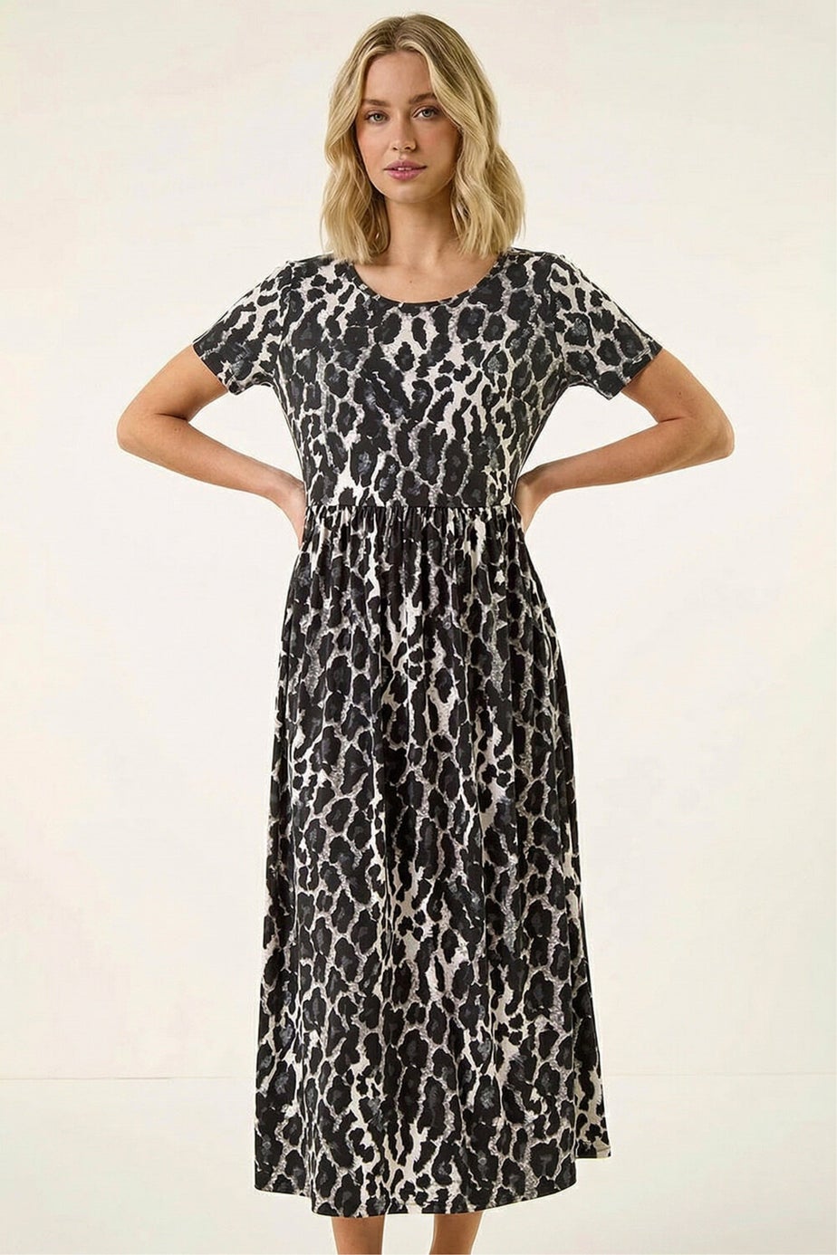 Roman Black Animal Print Stretch Midi Dress