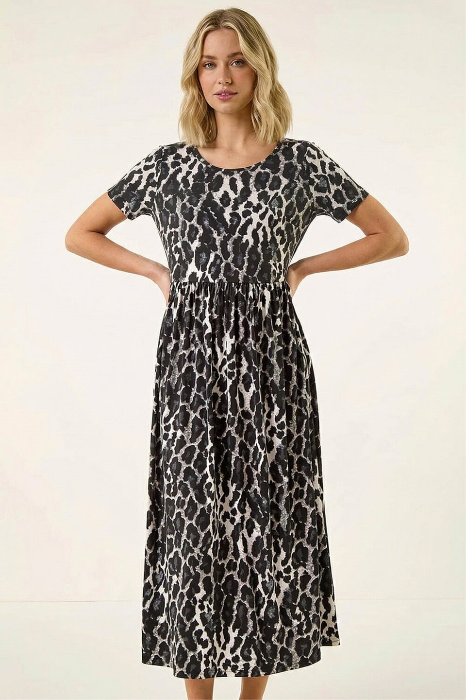 Roman Black Animal Print Stretch Midi Dress