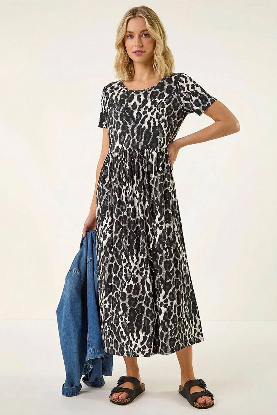 Roman Black Animal Print Stretch Midi Dress