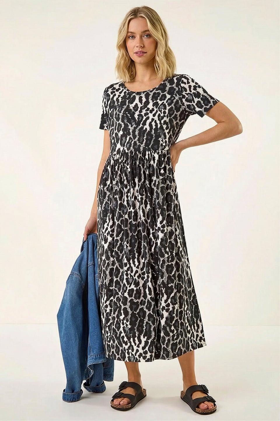 Roman Black Animal Print Stretch Midi Dress