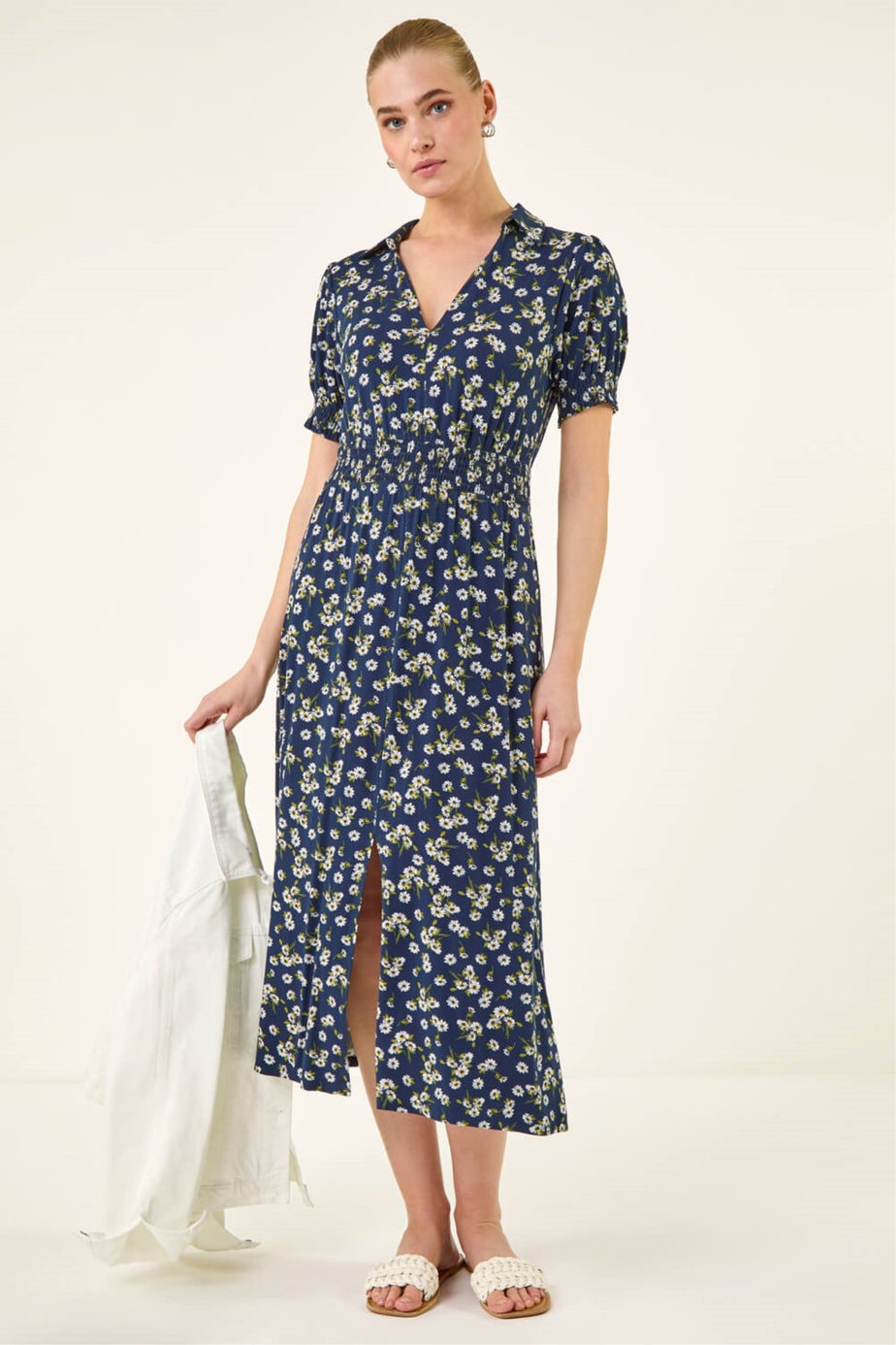 Roman Navy Ditsy V Neck Midi Dr