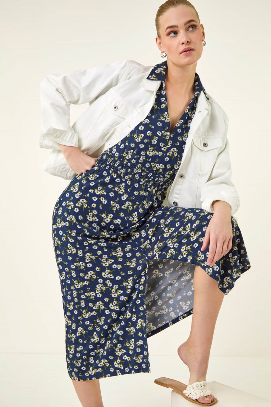 Roman Navy Ditsy V Neck Midi Dr