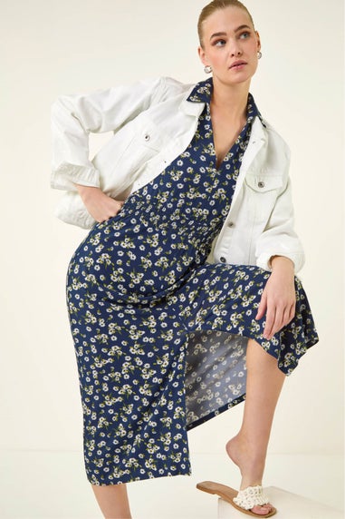 Roman Navy Ditsy V Neck Midi Dr