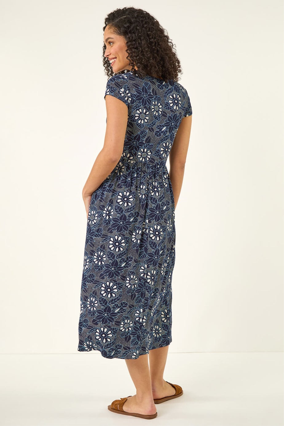 Roman Navy Floral Print Pocket Stretch Midi Dress