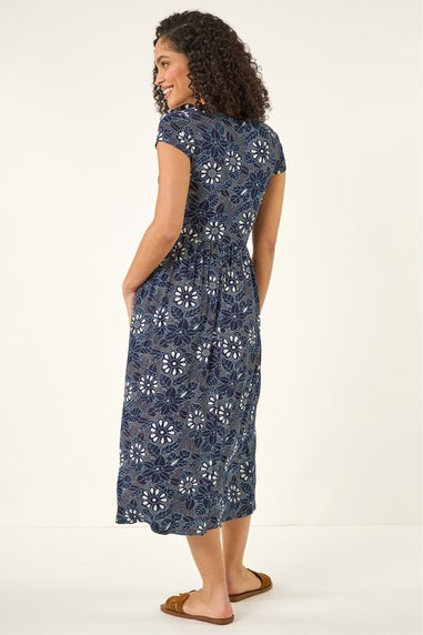 Roman Navy Floral Print Pocket Stretch Midi Dress