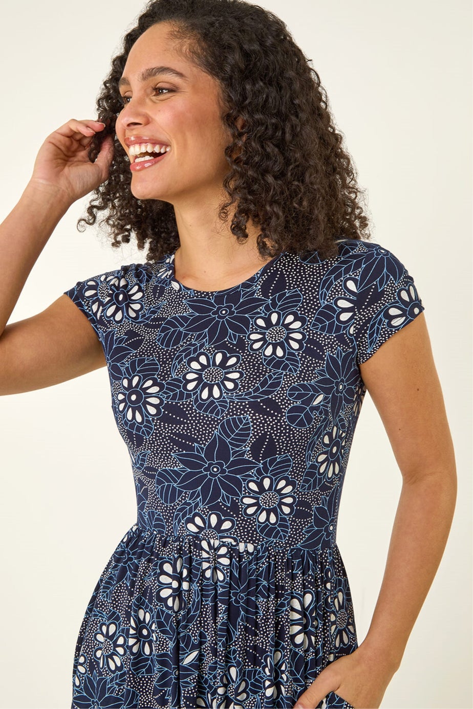 Roman Navy Floral Print Pocket Stretch Midi Dress