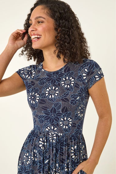 Roman Navy Floral Print Pocket Stretch Midi Dress