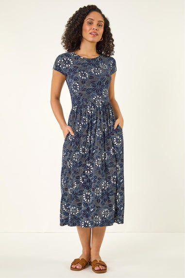 Roman Navy Floral Print Pocket Stretch Midi Dress