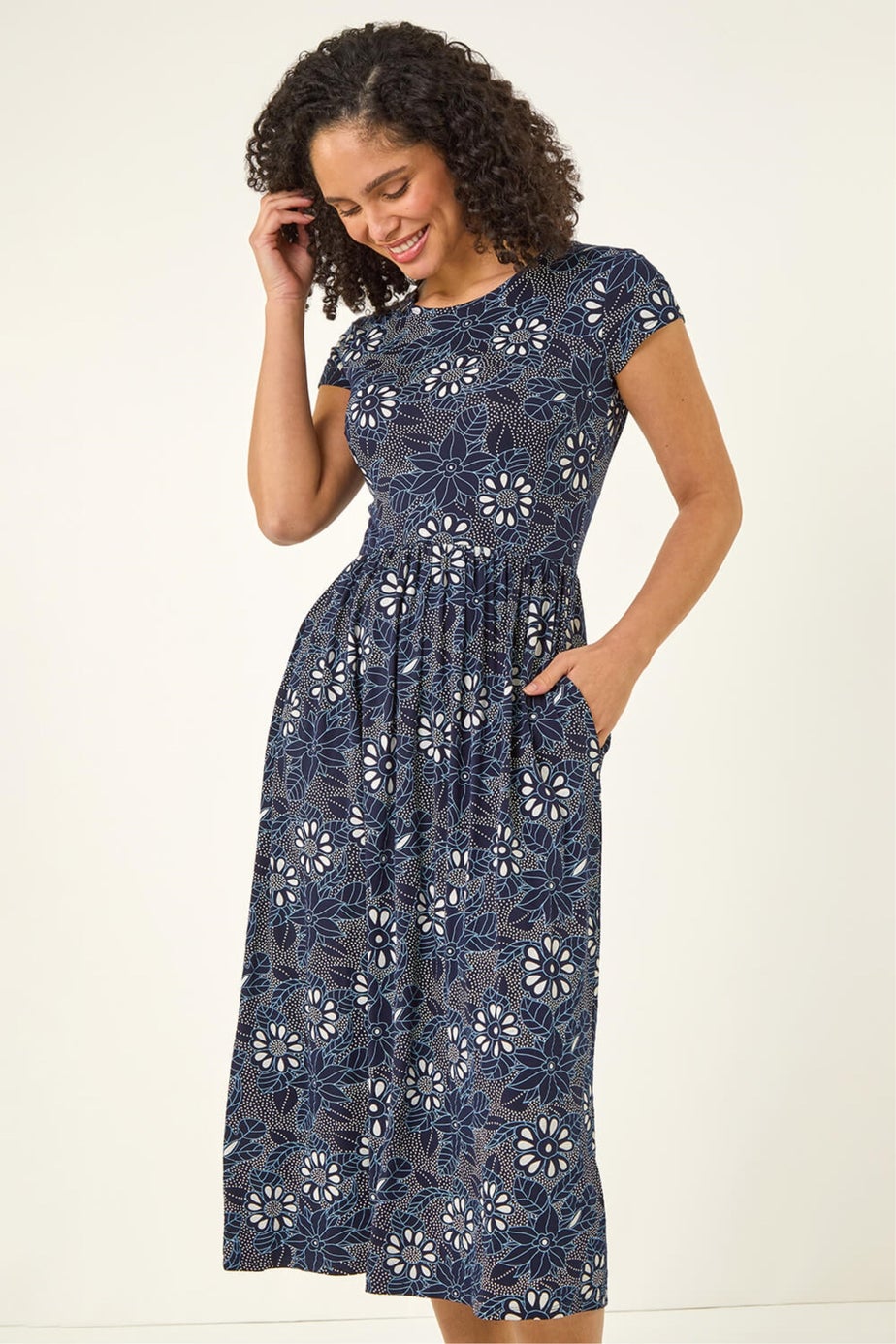Roman Navy Floral Print Pocket Stretch Midi Dress